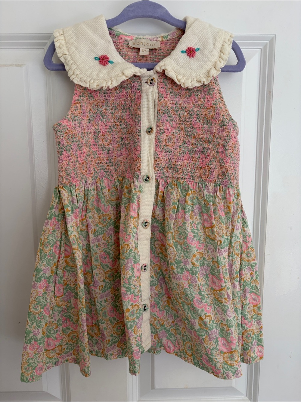 Girls' Pink Floral Smocked Blouse with Cream Collar